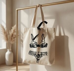 Bag All Lingerie Print Canvas Tote Bag Off White Black Print Bow Handbag
